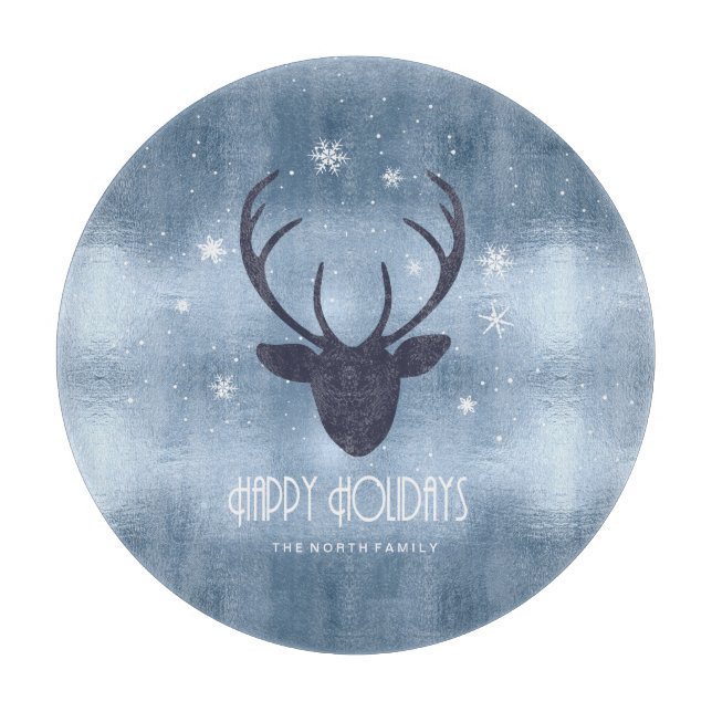Deer Antlers Silhouette & Snowflakes Blue ID861 Cutting Board (Front)