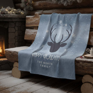 Deer Antlers Silhouette & Snowflakes Blue ID861 Fleece Blanket