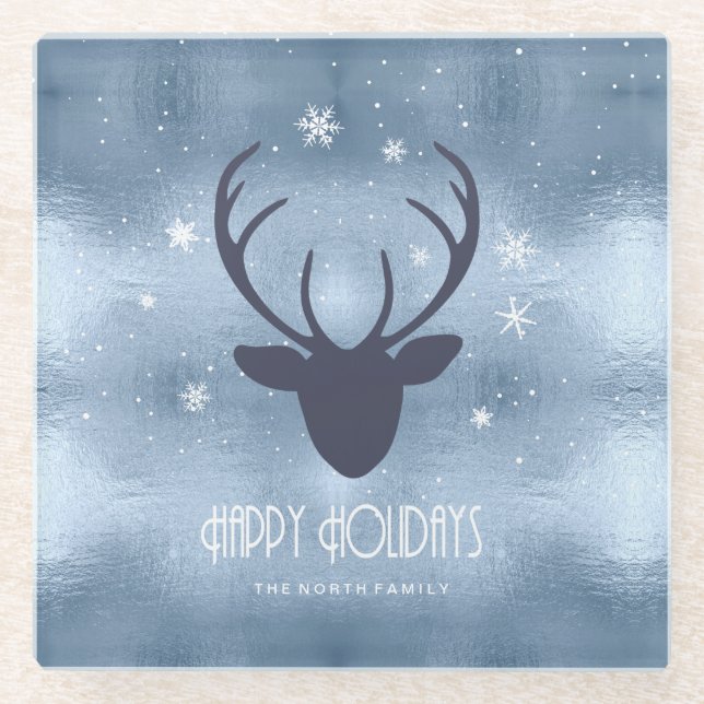 Deer Antlers Silhouette & Snowflakes Blue ID861 Glass Coaster (Front)