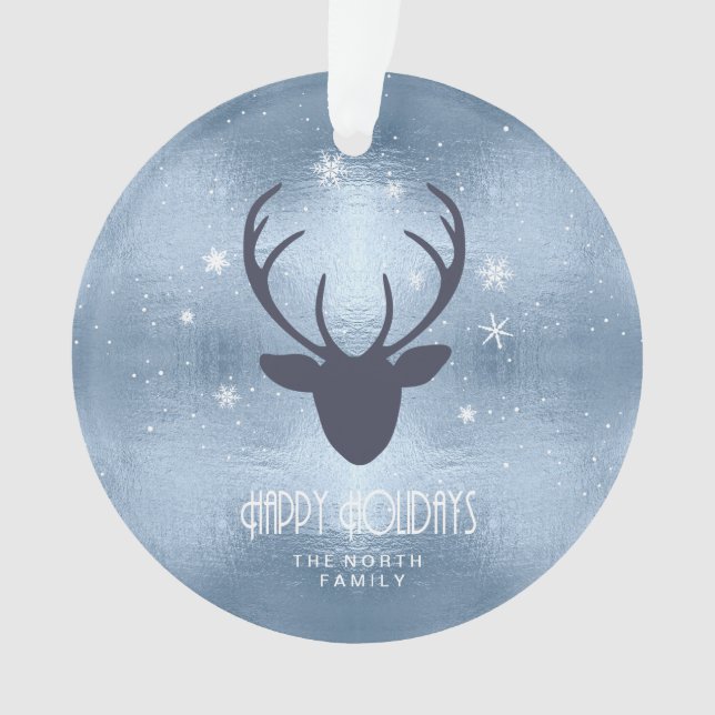 Deer Antlers Silhouette & Snowflakes Blue ID861 Ornament (Front)