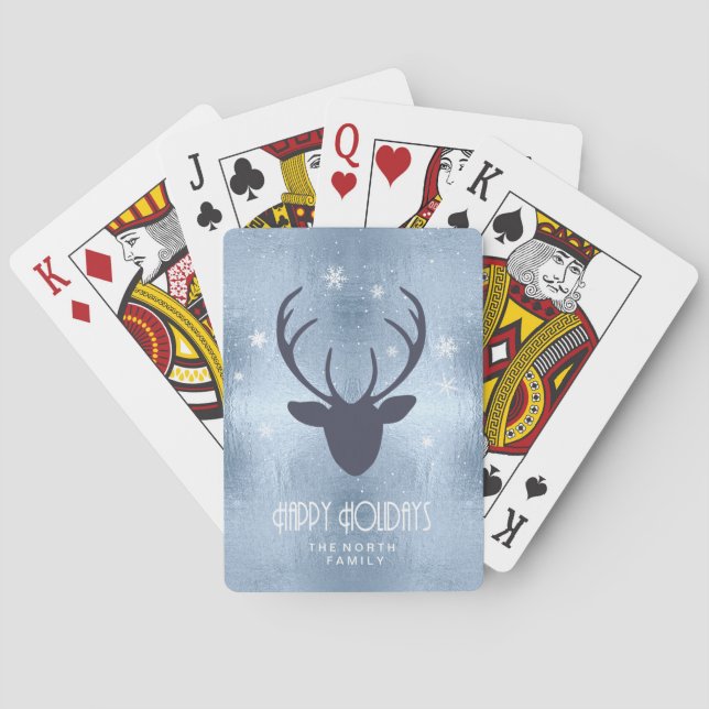 Deer Antlers Silhouette & Snowflakes Blue ID861 Playing Cards (Back)