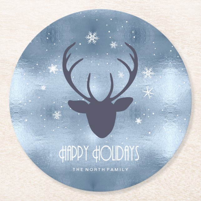 Deer Antlers Silhouette & Snowflakes Blue ID861 Round Paper Coaster (Front)
