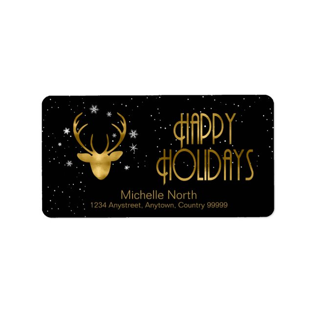 Deer Antlers Silhouette & Snowflakes Gold/Bl ID861 Label (Front)