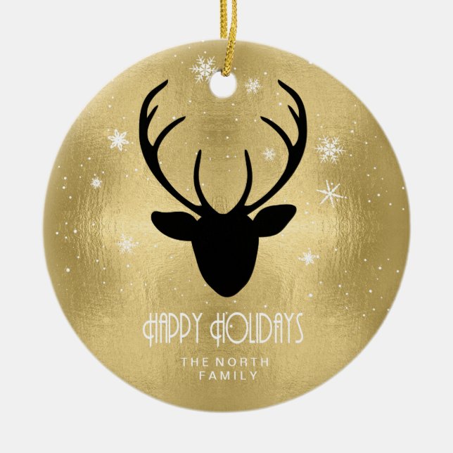 Deer Antlers Silhouette & Snowflakes Gold ID861 Ceramic Tree Decoration (Front)