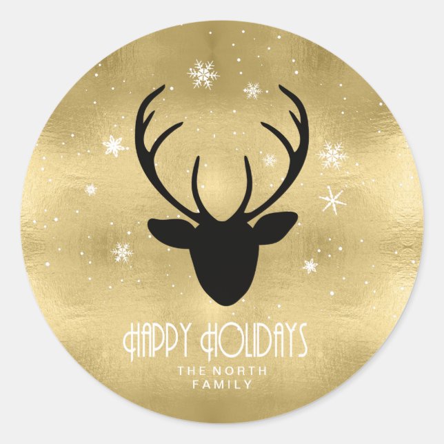 Deer Antlers Silhouette & Snowflakes Gold ID861  Classic Round Sticker (Front)