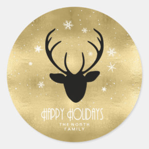 Deer Antlers Silhouette & Snowflakes Gold ID861  Classic Round Sticker