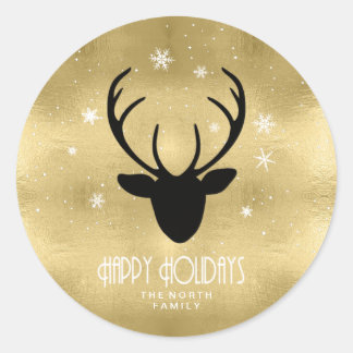 Deer Antlers Silhouette & Snowflakes Gold ID861 Classic Round Sticker