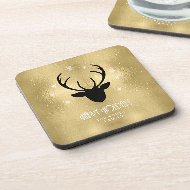 Deer Antlers Silhouette & Snowflakes Gold ID861  Coaster (Left Side)
