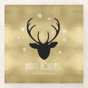 Deer Antlers Silhouette & Snowflakes Gold ID861 Glass Coaster