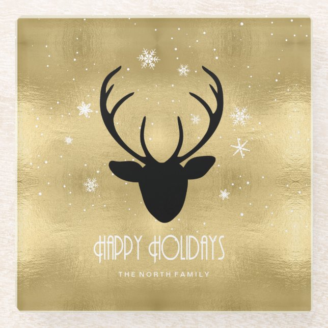 Deer Antlers Silhouette & Snowflakes Gold ID861 Glass Coaster (Front)