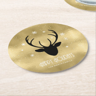 Deer Antlers Silhouette & Snowflakes Gold ID861 Round Paper Coaster