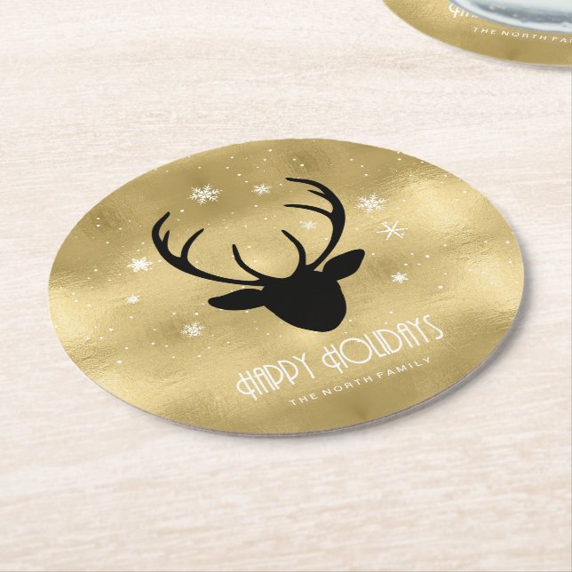 Deer Antlers Silhouette & Snowflakes Gold ID861 Round Paper Coaster (Angled)