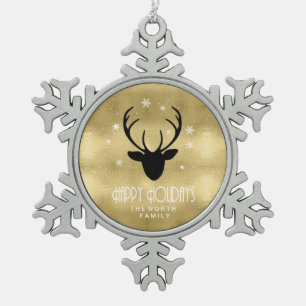 Deer Antlers Silhouette & Snowflakes Gold ID861 Snowflake Pewter Christmas Ornament