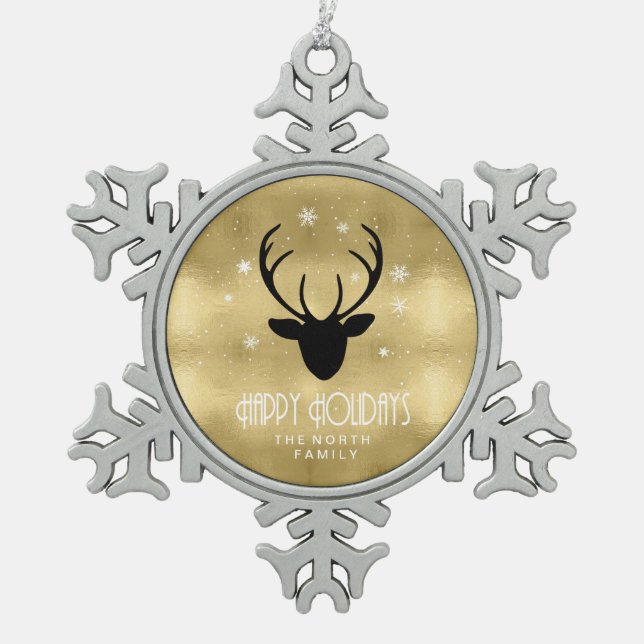 Deer Antlers Silhouette & Snowflakes Gold ID861 Snowflake Pewter Christmas Ornament (Front)