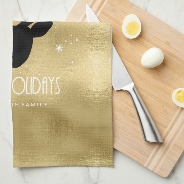 Deer Antlers Silhouette & Snowflakes Gold ID861 Tea Towel (Quarter Fold)