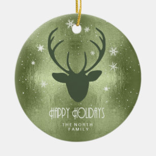 Deer Antlers Silhouette & Snowflakes Green ID861 Ceramic Tree Decoration