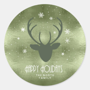 Deer Antlers Silhouette & Snowflakes Green ID861 Classic Round Sticker