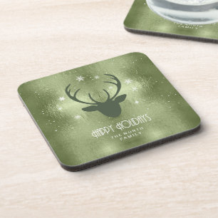 Deer Antlers Silhouette & Snowflakes Green ID861 Coaster