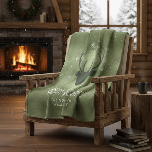 Deer Antlers Silhouette & Snowflakes Green ID861 Fleece Blanket
