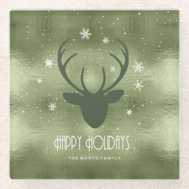 Deer Antlers Silhouette & Snowflakes Green ID861 Glass Coaster (Front)