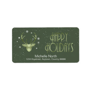 Deer Antlers Silhouette & Snowflakes Green ID861 Label