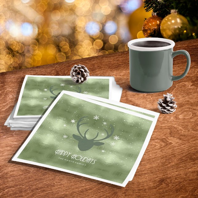 Deer Antlers Silhouette & Snowflakes Green ID861 Napkin (Creator Uploaded)
