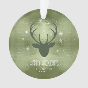 Deer Antlers Silhouette & Snowflakes Green ID861 Ornament