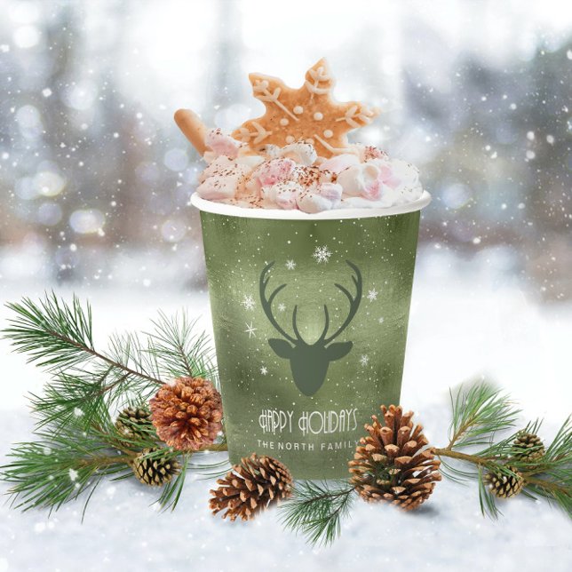 Deer Antlers Silhouette & Snowflakes Green ID861 Paper Cups (Creator Uploaded)