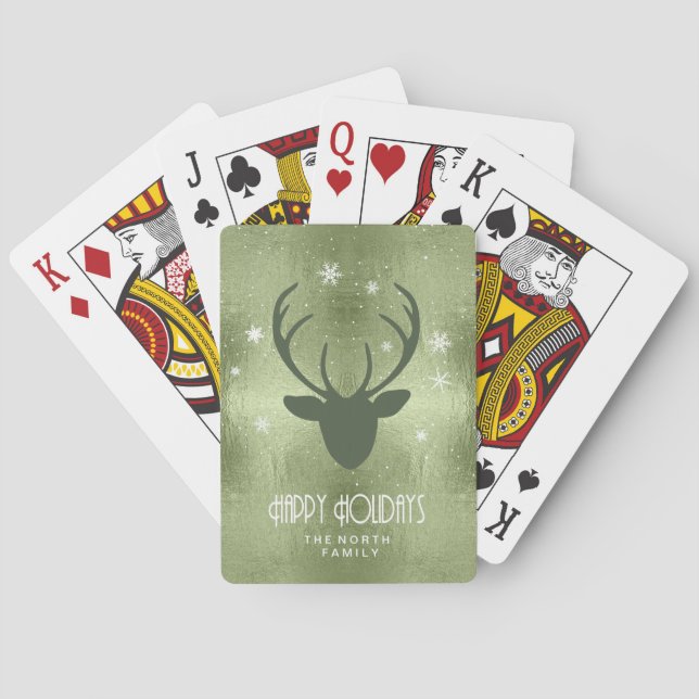 Deer Antlers Silhouette & Snowflakes Green ID861 Playing Cards (Back)