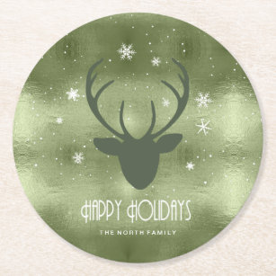 Deer Antlers Silhouette & Snowflakes Green ID861 Round Paper Coaster