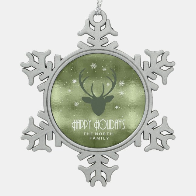 Deer Antlers Silhouette & Snowflakes Green ID861 Snowflake Pewter Christmas Ornament (Front)