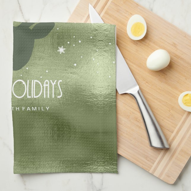 Deer Antlers Silhouette & Snowflakes Green ID861 Tea Towel (Quarter Fold)