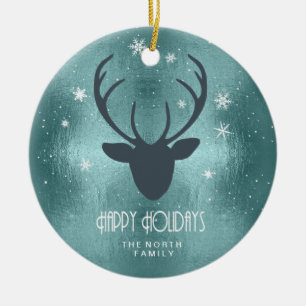 Deer Antlers Silhouette & Snowflakes Teal ID861 Ceramic Tree Decoration