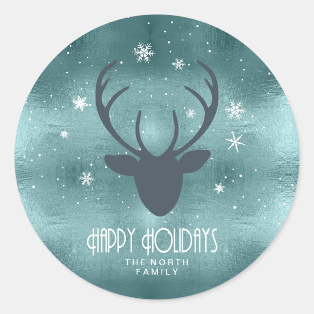 Deer Antlers Silhouette & Snowflakes Teal ID861 Classic Round Sticker (Front)