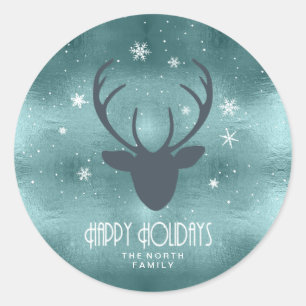 Deer Antlers Silhouette & Snowflakes Teal ID861 Classic Round Sticker