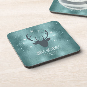 Deer Antlers Silhouette & Snowflakes Teal ID861 Coaster