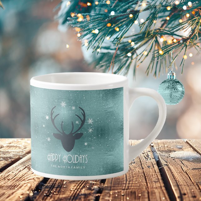 Deer Antlers Silhouette & Snowflakes Teal ID861  Espresso Cup (Creator Uploaded)