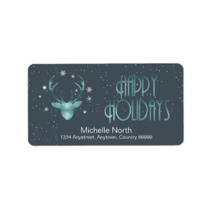 Deer Antlers Silhouette & Snowflakes Teal ID861 Label