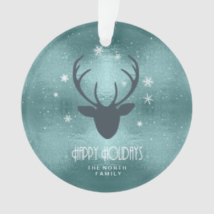 Deer Antlers Silhouette & Snowflakes Teal ID861 Ornament