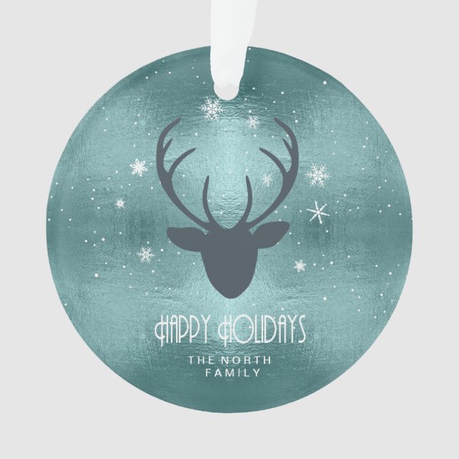 Deer Antlers Silhouette & Snowflakes Teal ID861 Ornament (Front)