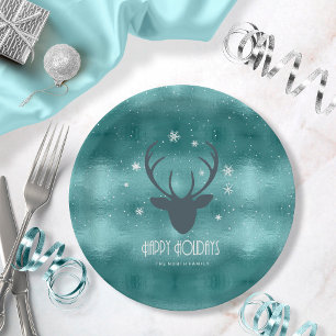 Deer Antlers Silhouette & Snowflakes Teal ID861  Paper Plate