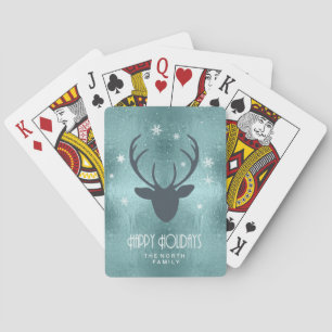 Deer Antlers Silhouette & Snowflakes Teal ID861 Playing Cards