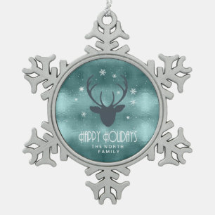 Deer Antlers Silhouette & Snowflakes Teal ID861 Snowflake Pewter Christmas Ornament