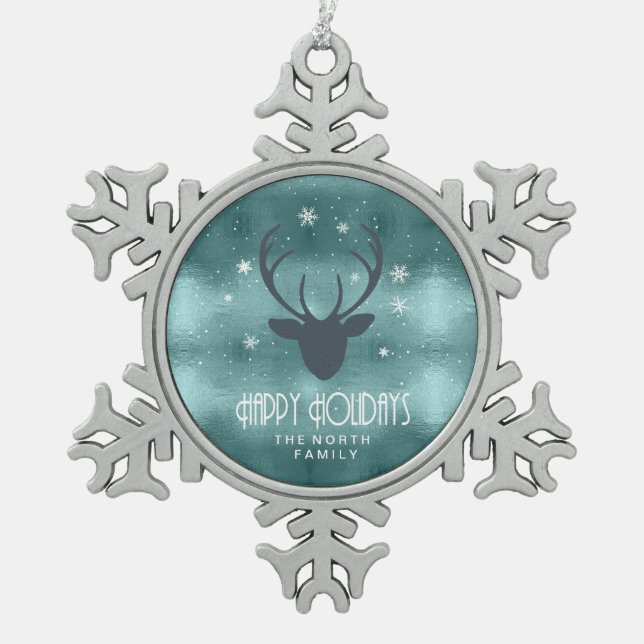 Deer Antlers Silhouette & Snowflakes Teal ID861 Snowflake Pewter Christmas Ornament (Front)