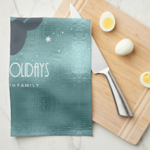 Deer Antlers Silhouette & Snowflakes Teal ID861 Tea Towel