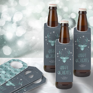 Deer Antlers Silhouette & Snowflakes Teal ID863 Bottle Tag