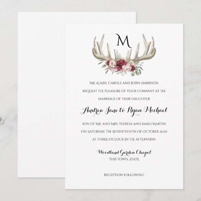 Deer Antlers Vintage Woodland Wedding Invitation (Front/Back)