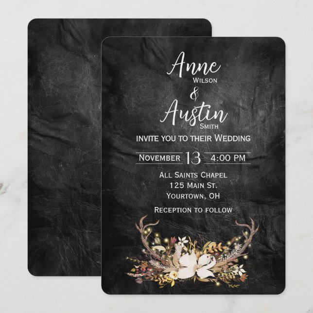 Deer Antlers Wedding Bouquet On Leather Invitation (Front/Back)