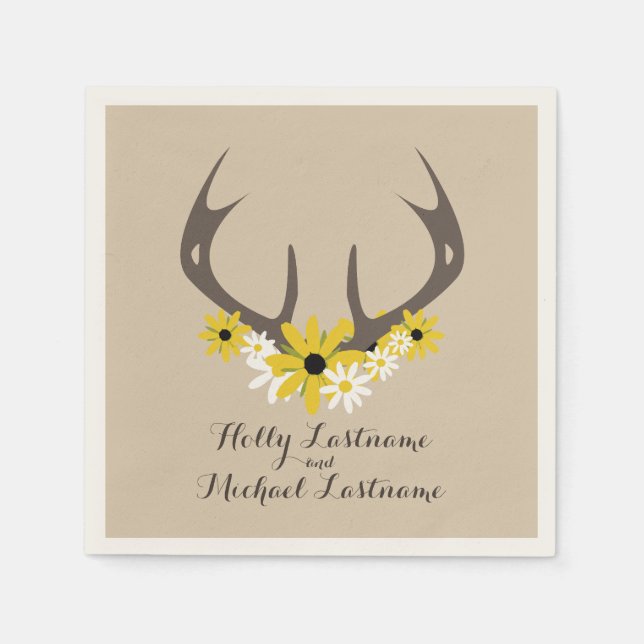 Deer Antlers + Wildflowers Wedding Napkins (Front)