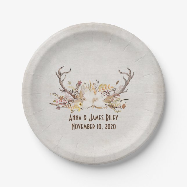 deer antlers with autumn floral bouquet paper plate (Front)